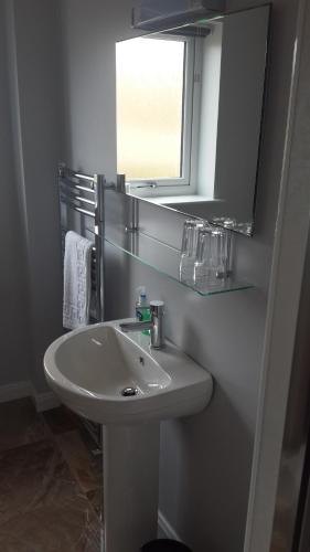 a bathroom with a white sink and a mirror at Castaway Guesthouse in Kirkwall