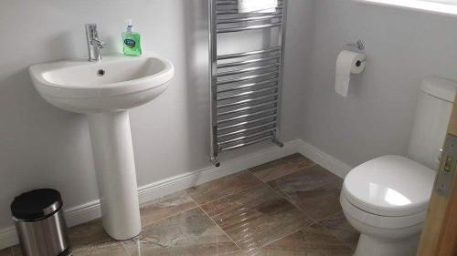 La salle de bains est pourvue d'un lavabo blanc et de toilettes. dans l'établissement Castaway Guesthouse, à Kirkwall
