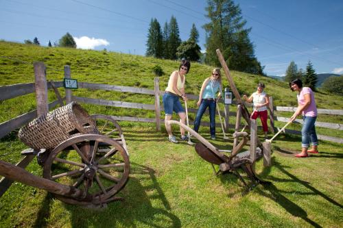 a group of people standing next to a fence with antique implements at Embacherhof in Embach