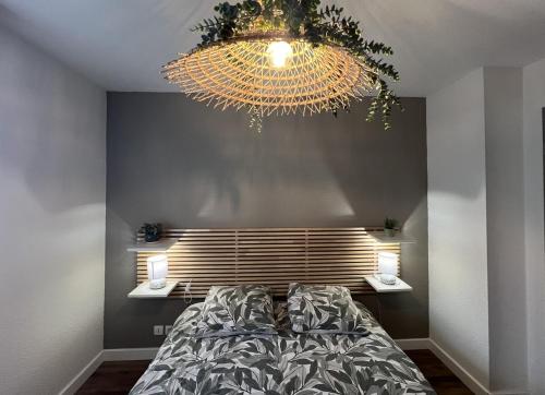 a bedroom with a large bed and a chandelier at Appartement Nature au calme in Albi