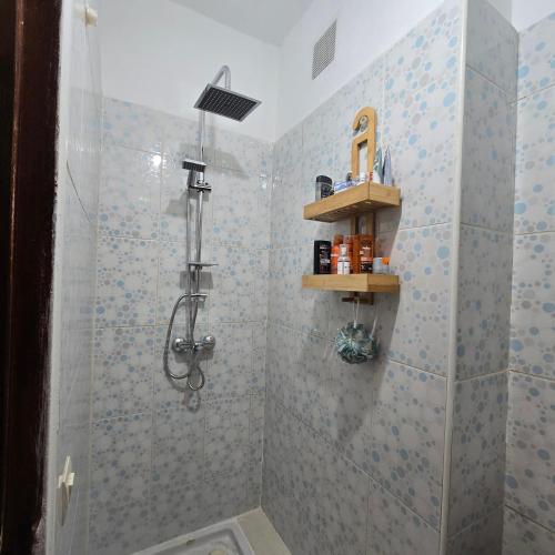 a bathroom with a shower with blue tiles at Appartement Confortable à Chouiter in Chouiter