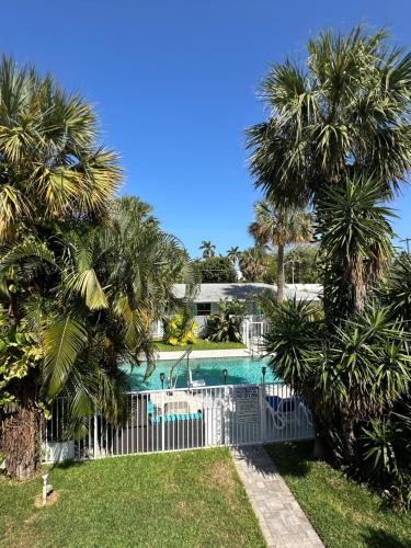 a pool with palm trees and a white fence at White Horse Motel in Lake Worth