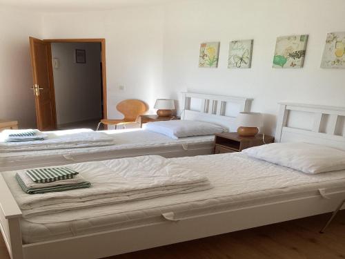 deux lits dans une chambre aux murs blancs dans l'établissement Villa in France with Private Pool & Garden, à Prades-sur-Vernazobre