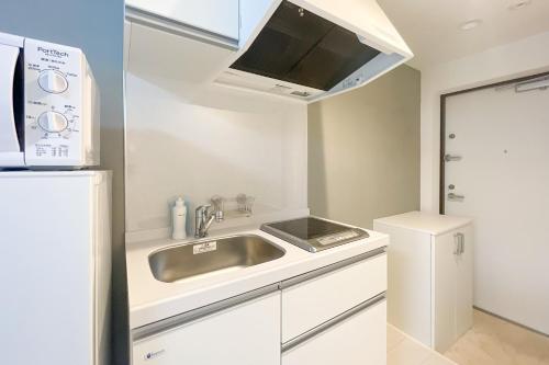 a kitchen with a sink and a refrigerator at Laluna Higashiikebukuro in Tokyo