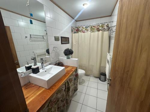 a bathroom with a white sink and a toilet at Casa Llallalca in Neltume
