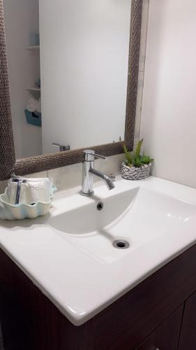 a white sink in a bathroom with a mirror at Oxford Manor Apt - Kingston - Economy stay in Kingston
