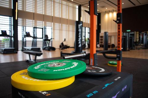 two frisbees sitting on a table in a gym at 6Muji 2room 5min to 1U&Ikea with SkyPool at EmpireCity by Light House in Petaling Jaya