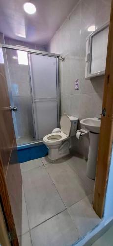 a bathroom with a toilet and a shower and a sink at Russ Apartment 2 Diagonal comando in San Andrés