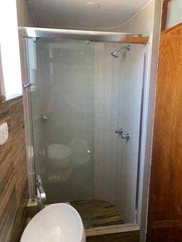 a glass shower in a bathroom with a toilet at Apart Marchelo 2 in San Antonio