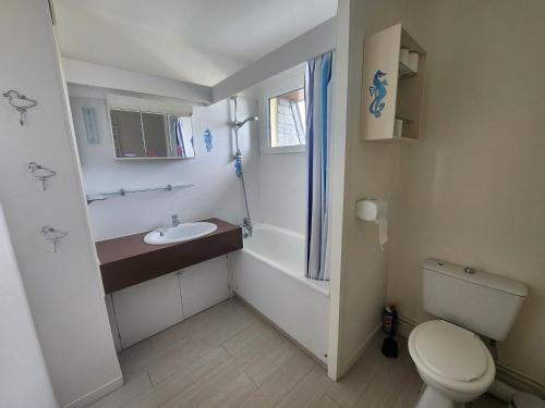 une petite salle de bain avec toilettes et lavabo dans l'établissement Grand studio lumineux avec parking privé à Courseulles-sur-Mer - FR-1-746-29, à Courseulles-sur-Mer