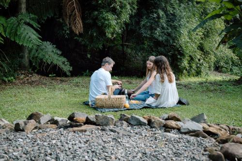 un grupo de tres personas sentadas en el césped en Relax Unwind This Summer at Nordic Star with Lake View, en Maleny