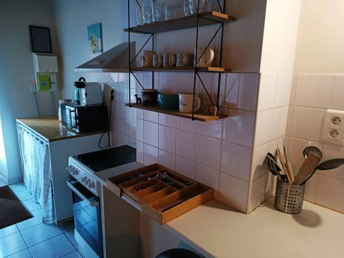 kuchnia ze zlewem i kuchenką górny piekarnik w obiekcie CAP NATURE - T3 et T4 en Périgord vert - Idéal PROS et GROUPES MAX 18P w mieście Champniers-et-Reilhac