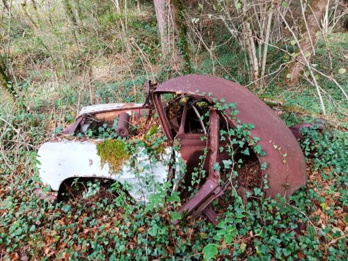 an old rusted out car in the weeds in a field at La French Pause - Tarifs dégressifs - Idéal PROS in Champniers-et-Reilhac