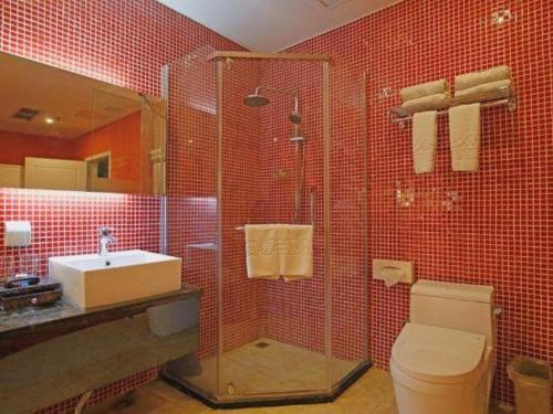 a bathroom with a shower and a toilet and a sink at TO915101 STILL LOVE THEME HOTEL in Chengdu
