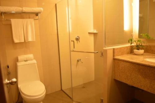 Un baño con ducha, inodoro y lavabo. en Hotel Veniz - Session, en Baguio