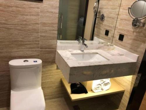 a bathroom with a sink and a toilet at Metropolo Hotel Qingdao Wusi Square Xiaomaidao in Qingdao
