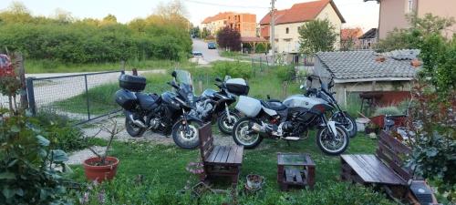 two motorcycles parked in the grass in a yard at Stancic 019 in Zaječar