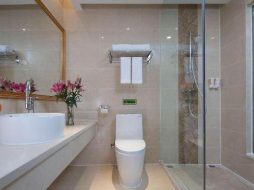 a bathroom with a toilet and a sink and a shower at Vienna Hotel Guangdong Zhaoqing Sihui Center Jade Expo Market in Zhaoqing