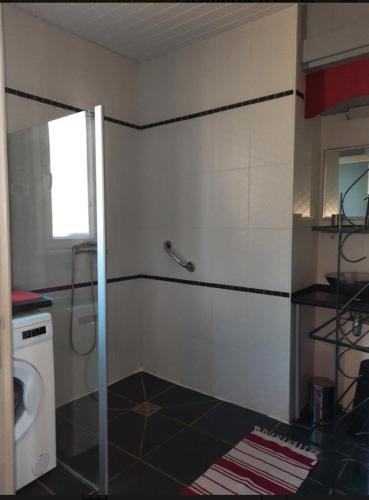 La salle de bains est pourvue d'une cabine de douche et de toilettes. dans l'établissement Villa Bon Séjour, à Wimereux