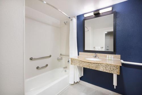 ハインズヴィルにあるFairfield Inn & Suites By Marriott Hinesville Fort Stewartの洗面台、浴槽、鏡のあるバスルーム
