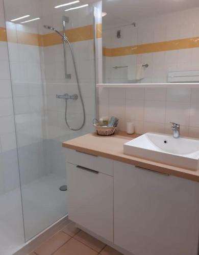 a white bathroom with a shower and a sink at Apartment near St Tropez with pool in La Garde-Freinet