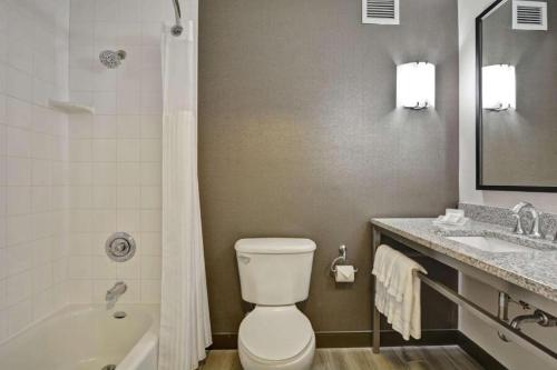 a bathroom with a toilet and a tub and a sink at Hilton Garden Inn Oshkosh in Oshkosh