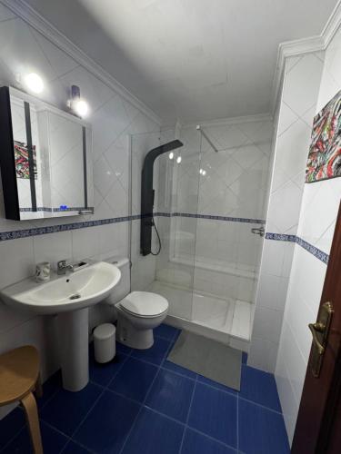 Un baño con lavabo, ducha e inodoro. en El apartamento verde, en Ayamonte