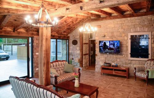 モトヴンにあるVilla Tinaの石壁のリビングルーム(ソファ、テレビ付)