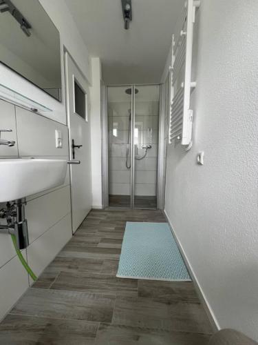 a bathroom with a shower and a blue mat on the floor at Chiemgauer Landliebe in Höslwang
