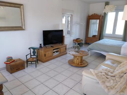 a living room with a bed and a flat screen tv at Maison de charme dans la Somme in Miraumont