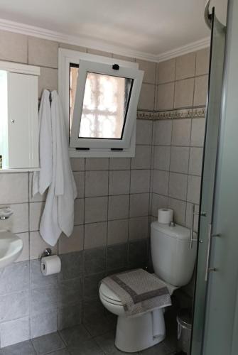 a bathroom with a toilet and a window at Galini Studios in Sivota