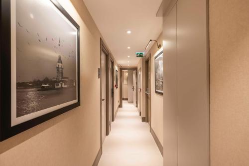 a corridor in a building with paintings on the walls at Emilion Hotel in Istanbul