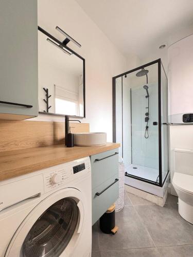 une salle de bain avec une machine à laver et un lavabo dans l'établissement L'appart du Parc Malo, à Dunkerque