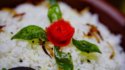 a red rose on top of white rice at Sigiri SAAT Cabana in Sigiriya