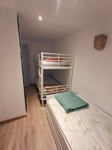 a small room with a bed and a shelf at Gîte le Nid du Colibri - 12 pers in Brenoux