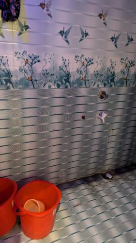 un bagno con due secchi arancioni e uccelli sul muro di A P GRAND HOTEl a Kānpur
