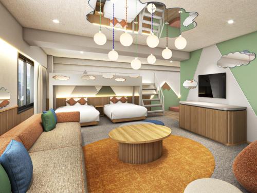 雾岛市The Pulse Kirishima- Opening in 16th Aug 2025的酒店房间效果图，配有两张床和一张沙发