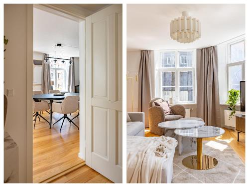 two images of a living room and a dining room at Sanders Regent Bright 1 Bdr Apt in Copenhagen