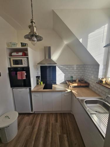 une cuisine avec un évier et une cuisinière dans l'établissement Le petit carrousel, à Sully-sur-Loire