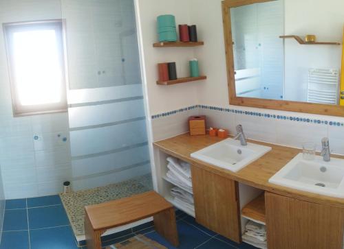 ein Badezimmer mit Waschbecken und Spiegel in der Unterkunft Maison ecologique avec jardin in Elne