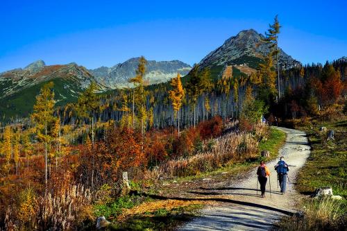 two people walking down a trail in the mountains at Chaty Pod Dlhou Podbanské in Pribylina