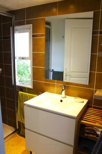 une salle de bain avec un lavabo blanc et un miroir dans l'établissement Le Mobil home de Domi, à Puget-sur Argens