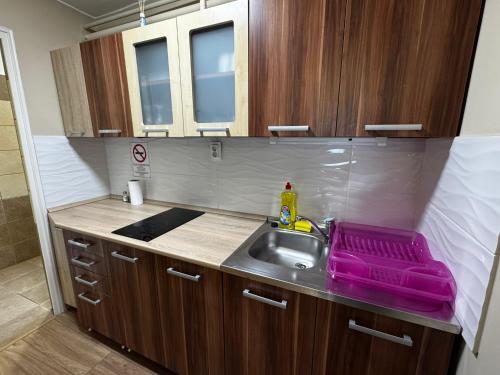 a kitchen counter with a sink and a sink at City Silver Apartman in Nyíregyháza