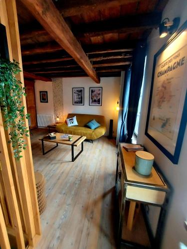 un salon avec un canapé et une table dans l'établissement Le Petit Meslier, à Épernay