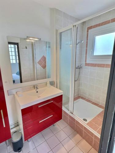 La salle de bains est pourvue d'un lavabo rouge et d'une douche. dans l'établissement WonderHost, une entrée Historique sur la Ville, à Pau