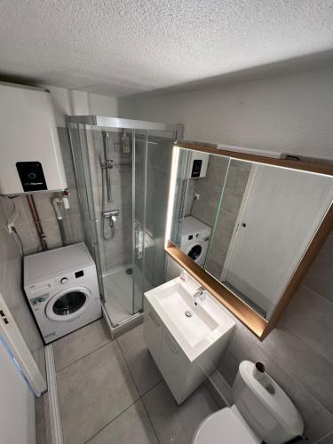 une salle de bain avec un lavabo, une douche et des toilettes dans l'établissement cocon les sables d'or, à Marseillan