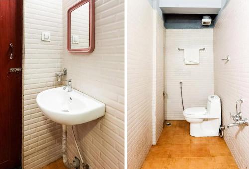 due foto di un bagno con lavandino e WC di Glen Brook Cottage a Devikolam