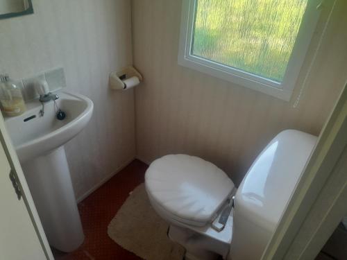 a bathroom with a toilet and a sink and a window at 254 Bryn y Mor in Tywyn
