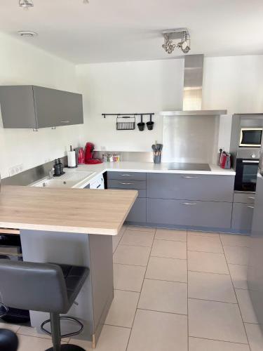 a kitchen with blue cabinets and a wooden counter top at Maison Champ du Fort - Jardin & Pétanque à Chablis in Chablis