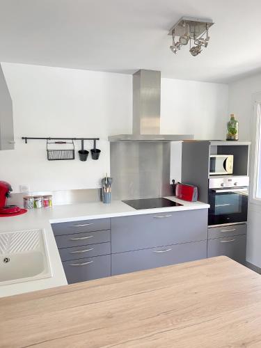 a kitchen with a sink and a counter top at Maison Champ du Fort - Jardin & Pétanque à Chablis in Chablis